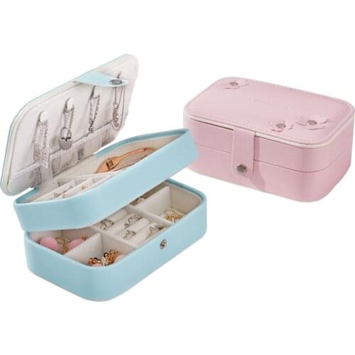Portable Women PU Jewelry Box Storage Organizer Girls Travel 2-Layer Rectangle Earrings Ring Necklace Carrying Case Gift Boxes