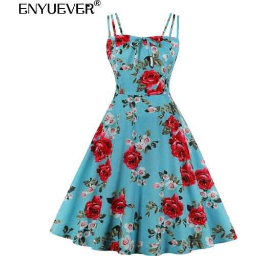 Enyuever Casual Dress Summer Women Clothing Cotton Spaghetti Strap Robe Pin Up Swing Floral Print Retro Vintage Dress Sundresses