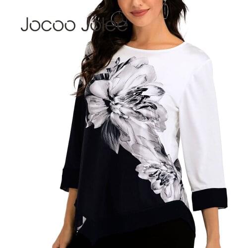Jocoo Jolee Shirt Women Spring Summer Print Blouse 3/4 Sleeve Casual Irregular Hem Block Color Tops Female Plus Size 5XL New