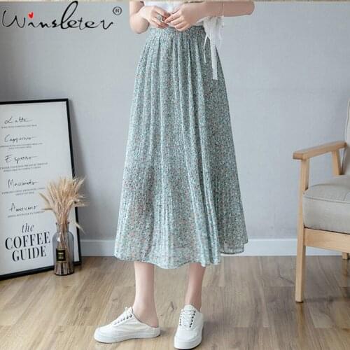 Fresh Ditsy Skirt Women Girls Summer Bottoms For Women Chiffon High Waist Empire A-line Mid-Calf Midi Skirts Summer 2021 B15414A