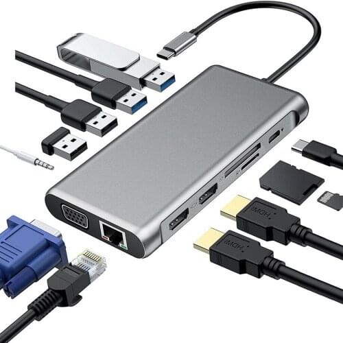 USB Type C Hub to HDMI MST 4K VGA 12 in 1 Adapter USB C HUB 3.0 Docking Station For MacBook Laptop Audio Converter