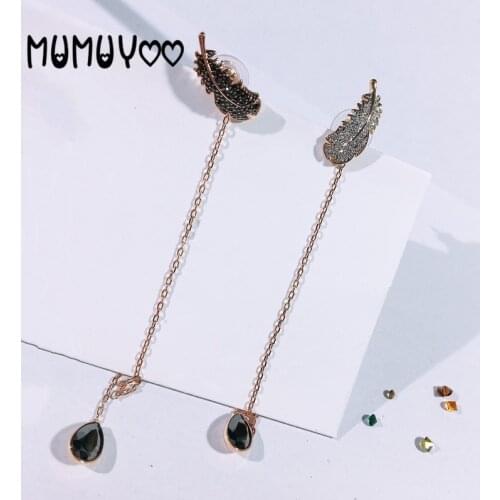 High-quality swa fashion charm crystal new black and white two-color feather tassel women ear line earrings female jewelry