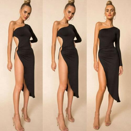 Sexy Women Thigh-high Slit Bodycon Dress Lady Solid One Shoulder Evening Party Midi Dress Club Fashion Hollow Irregular Dress