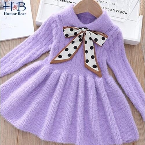 Humor Bear Girls Sweater Dress NEW Autumn Long Sleeve Ploka Dot Printed BowTie Cute Warm Knitted Dress Toddler Clothes
