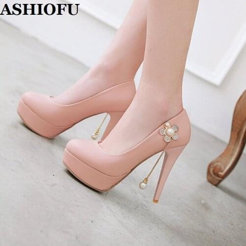 ASHIOFU Wholesale 2020 New Ladies High Heel Pumps Peals Crystals Wedding Party Prom Dress Shoes Evening Platform Fashion Shoes