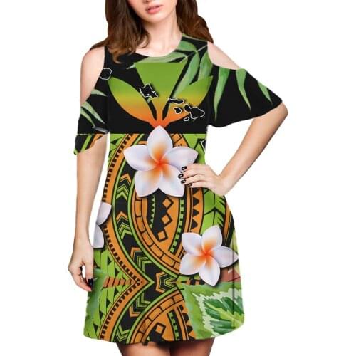 Hycool Polynesian Hibiscus Design Women Leakage Shoulder Clothing Green Plumeria Print Summer Short Sleeve Ladies Casual Dresses