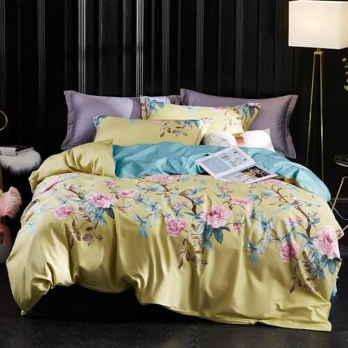 30 Egyptian Cotton Yellow Chinoiserie Style Birds Flowers Duvet Cover Bed Sheet Flat Sheet King Queen Double Bedding Set #s