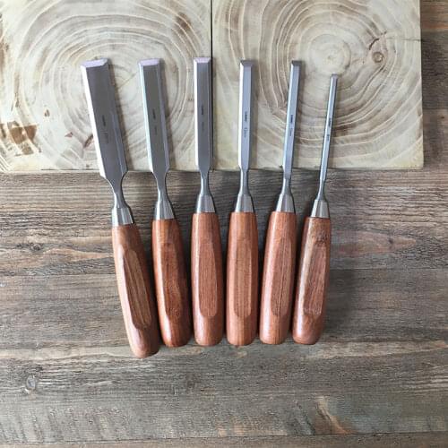 Luban 6 sets of long wooden chisel, flat chisel, chrome vanadium steel arbor, Rosewood Handle, wooden box chisel