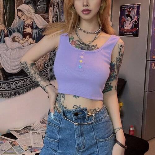 Sexy Button Tank Tops Fashion Womens Purple Vest Off Shoulder Halter Blusa Shirt 2021 Summer Slim Crop Top Camisole