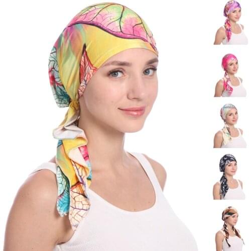 Muslim Women Hijab Cancer Chemo Hat Cap Hair Loss Headscarf Turban Wrap Arab Long Tail Islam Printed Elastic Hijabs Accessories