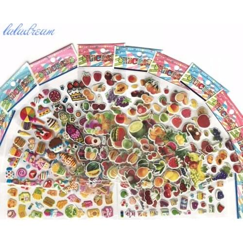 12 sheets Cute Puffy Stickers for Kids Rewards Girls Cartoon Fruit cakes Mixed Preschool Learning Toy