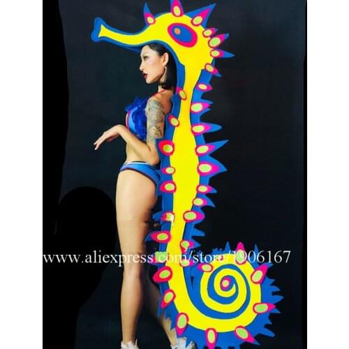 Nightclub Bar Fluorescent Hippocampus Clothes Party Bikini Set Female Singer Dj Ds Dance Team Costumes Stage Props Event Suit