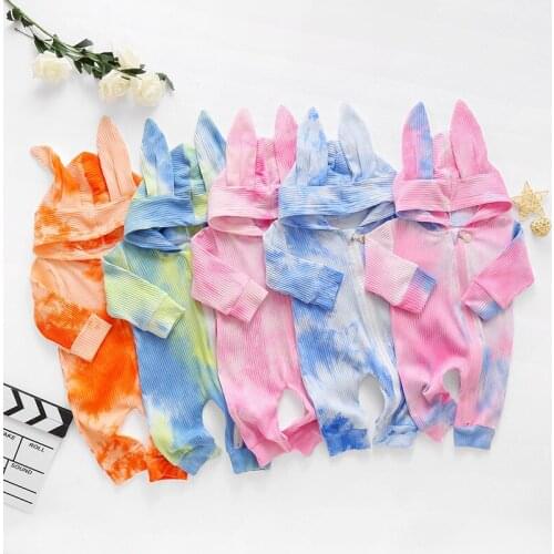 2020 New Autumn Winter Newborn Baby Clothing Baby Boys Girls Tie Dyed Cute Rabbit Ears Hat Long Sleeved Hooded Zippered Romper