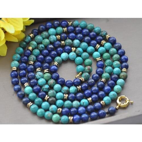 MCT·STAR Z10569 18"~100" 8mm Round Green Turquoise Blue Lapis lazuli Hematite Necklace