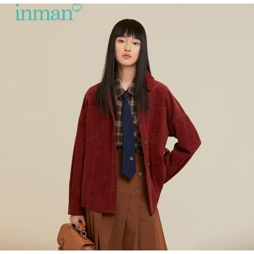 INMAN Autumn Winter Womens Coat Retro Literary Style Bandage Design Big Pocket Buttons Pure Color Vintage Womens Top
