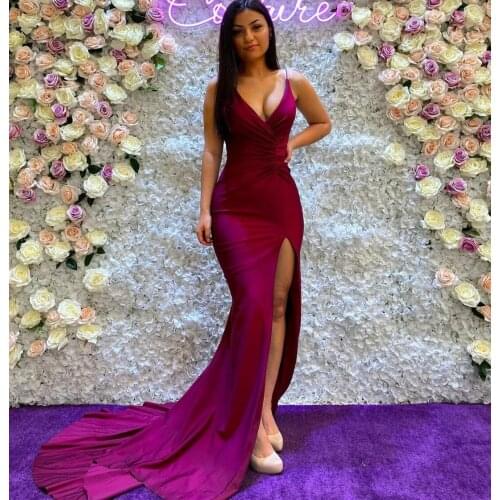Sexy Bodycon Spaghetti V-Neck Evening Dresses Mermaid Sweep Train Satin Side Slit Formal Party Dress for Women