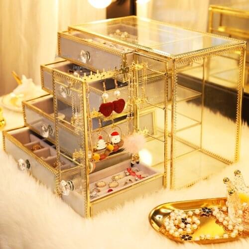 Dustproof Household Storage Box Earrings Ring Necklace Watch Drawer Type Jewelry Organizer Dressing Table Cosmetic Display Stand