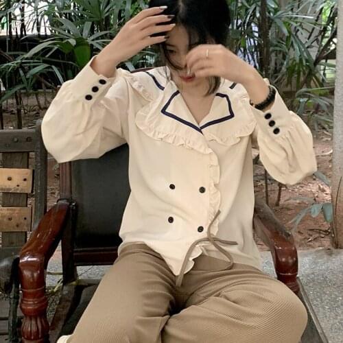 QOERLIN Korean Tops Women Novelty 2021 Navy Collar Retro Blouse Temperament Shirt Lady Ruffles Elegant Long Sleeve Femme Blusas