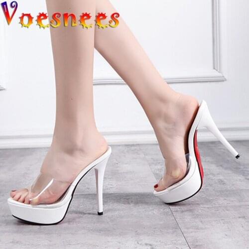 Voesnees Fine Heel Sandals Sexy Transparent High Heels Slippers Women Platform Red Sandals Female Non-slip Bottom 12cm Slide