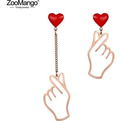 ZooMango Office Style Stainless Steel Rose Gold Earrings For Girl "Show Love" Gesture Little Red Heart Asymmetry Jewelry ZE18468