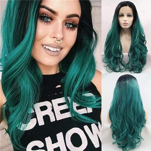 Ombre Green Synthetic Lace Front Wigs for Women Natural Looking Dark Green Long Lace Wig with Dark Roots Natural Hairline 24