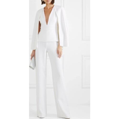 Ivory Wedding Jumpsuit With Jacket Deep V Neck Satin Cheap Wedding Dress Custom Made Fashion Bridal Gowns