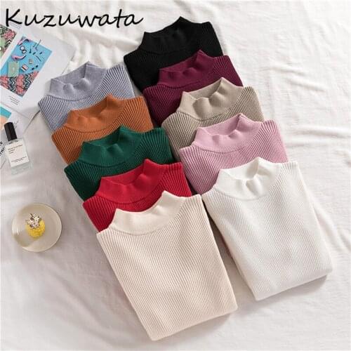 Kuzuwata Autumn Half High Collar Women Sweaters Solid All-match Knit Pullovers Office Lady Simple Slim Fit Long Sleeve Tops