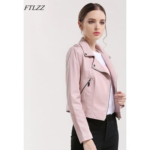 FTLZZ Rivet Pu Leather Jacket Women Pink Black Colors Motorcycle Short Coat Soft Faux Leather Biker Jacket Female