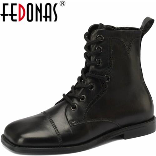FEDONAS Square Toe Women Ankle Boots Concise Genuine Leather Low Heels Working Casual Basic Autumn Winter Cross-Tied Shoes Woman