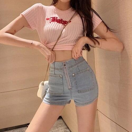 2021 New Sexy High Waisted Denim Shorts Women Solid Zipper Short Jeans Summer Tight Stretch Slim Mini Shorts Femme Y773