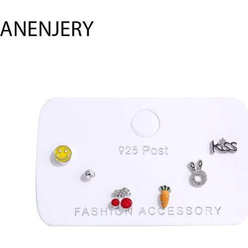 ANENJERY Cute Letter Smiling Face Rabbit Carrot Cherry Fruit Animal Stud Earrings For Women Tiny 6-Piece Earrings Set S-E1233