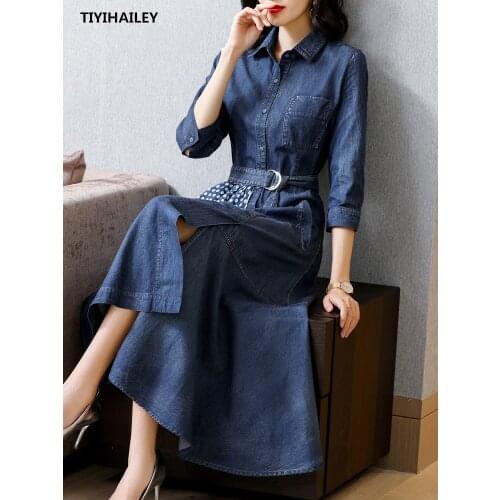 TIYIHAILEY Free Shipping 2020 Fashion Three Quarter Long Mid-calf Denim Women Vintage Turn Down Collar Dress S-XL Belt Patchwork