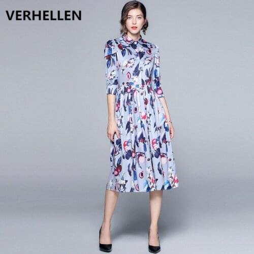 VERHELLEN High Quality Fashion Runway Dress 2019 Autumn Womens 3/4 Sleeve Flower Print Slim Elegant Casual Shirt Dress Vestidos