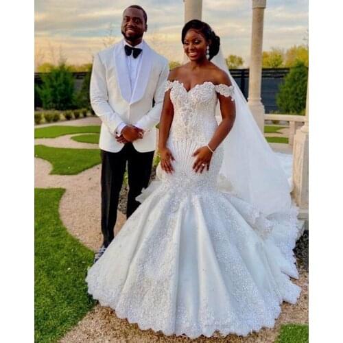 Wonderful Off the Shoulder Crystal Wedding Dresses 2021 Sweep Train Lace Beaded Mermaid African Bridal Gowns Robe De Mariee