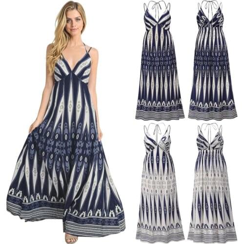 Vintage Plus Size Dress Women Sexy V-neck Suspender Dress Ladies Summer Retro Print Halter Long Dress Sling Beach Casual Dress