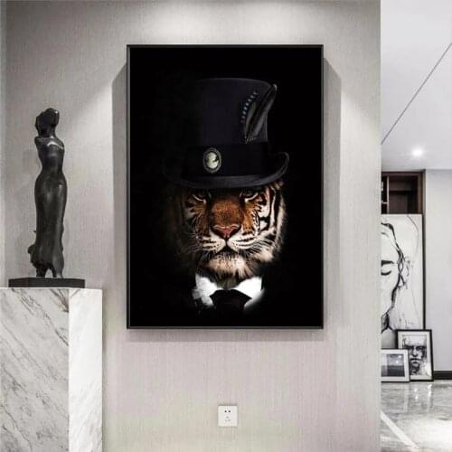 Abstract Animal Canvas Painting Tiger In A Hat Modern Art Prints and Posters Wall Art Pictures for Living Room Home Decoration