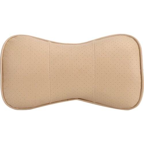 Beige PU Leather Auto Car Seat Pillow Neck Rest Headrest w/Elastic Straps