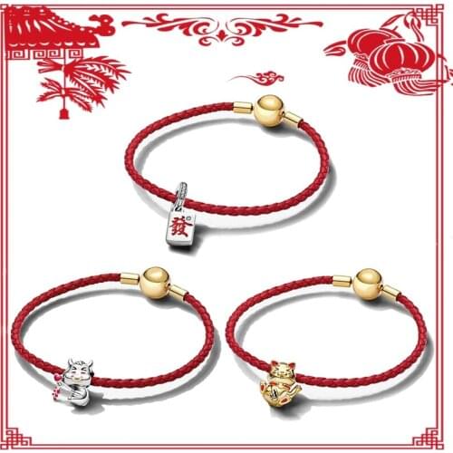 2021 New High Quality 100% 925 Original New Year Series Rich Cat Mahjong Calf Leather Rope Bracelet Romantic Diy Gift For Couple
