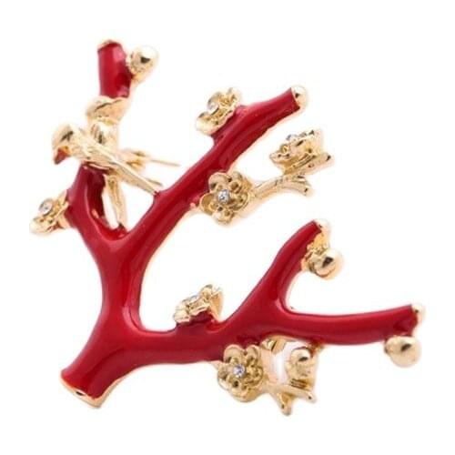 Brooch for Wedding Fashion Statement Jewelry Elegant Rhinestone Glazed Enamel Red Branch Flowers Brooches