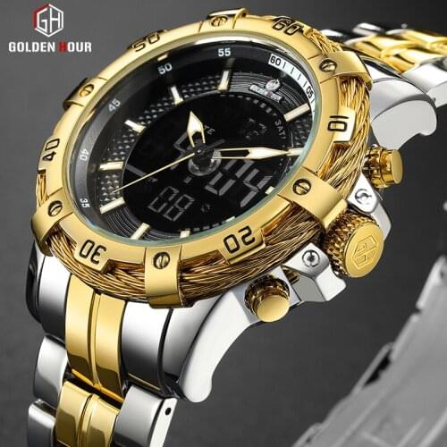 GOLDENHOUR Mens Digital Analog Watch Luxury Fashion Sport Waterproof Two Tone Stainless Male Watch Clock Relogio Masculino