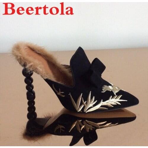 Kid Suede Womens Slippers Pearl Beads Heels Embroider High Quality Ladies Shoes Butterfly-knot Pointed Toe Slipper Pumps Female