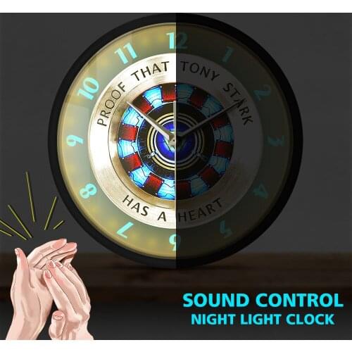 Proof That Tony Stark Has A Heart Arc Reactor Wall Clock with LED illumination Superhero Movie Timepiece Sound Activated Light