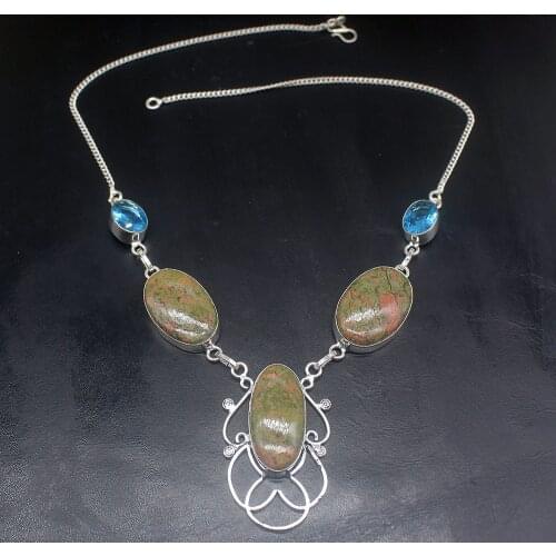 Gemstonefactory Jewelry Big Promotion 925 Silver Natural Green Unakite Blue Topaz Women Chain Necklace 46cm 202101608