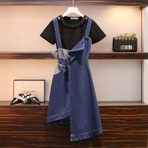 2021 Summer New Casual Two Piece Set Shiny Short Sleeve Solid Basic Tshirt+Slim Irregular Denim Suspender Dress Large Size Sets
