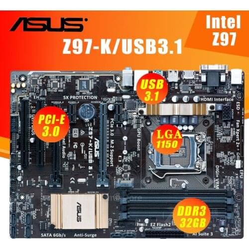 Asus Z97-K/USB3.1 Motherboard i7 i5 i3 DDR3 32GB PCI-E 3.0 M.2 SATA HDMI Overlocking Intel Z97 Placa-Mãe 1150 USB3.1 ATX Used