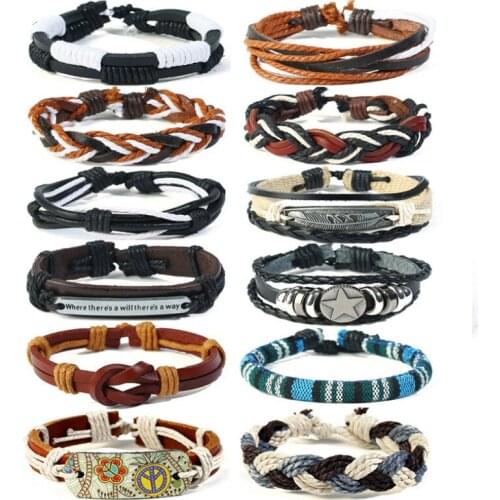 Fashion Punk Vintage Multilayer Bracelet Set Peace Star Feather Alloy Charms Wide Wristbands Weave Leather Bangles Retro Jewelry