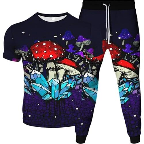 Men T-Shirt+Long Jogger Pants 2Pcs Set Colorful Galaxy Mushroom Cartoon Print Women Tracksuit Male Outdoor Sportwear Suits S-6XL