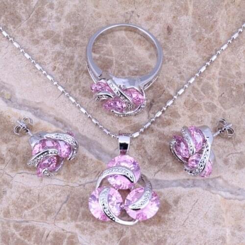 Valuable Pink Cubic Zirconia Silver Plated Jewelry Sets Earrings Pendant Ring Size 6 / 7 / 8 / 9 / 10 S0123