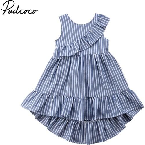 2018 Brand New Toddler Baby Girls Summer Princess Dress Sleeveless Blue Striped Ruffled Asymmetrical Dress Sundress Outfit 1-6Y