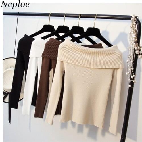 Neploe 2021 New Fashion Autumn Female Knitwear Off Shoulder Long Sleeve Pullover Slash Neck Elegant Knitted Women Sweater 67893